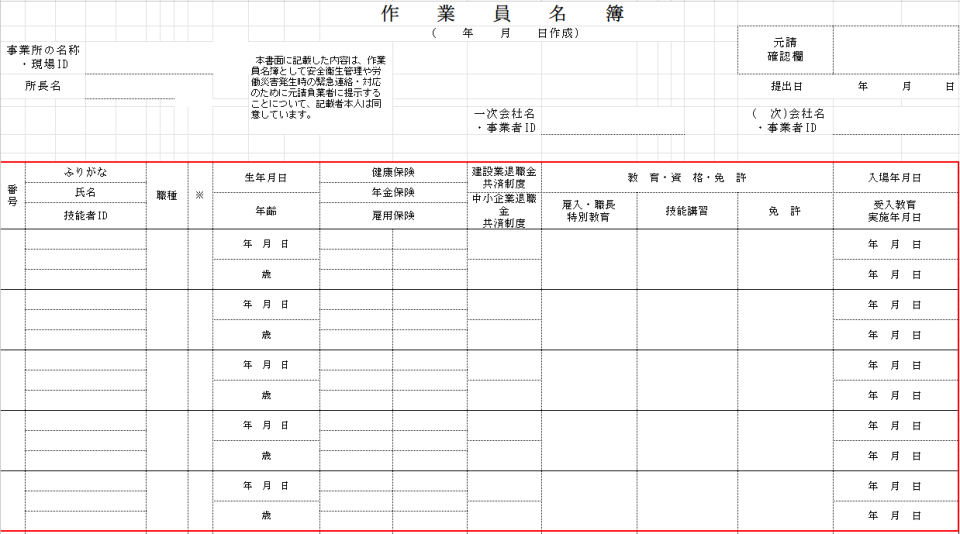 作業印名簿の書き方 欄内部分